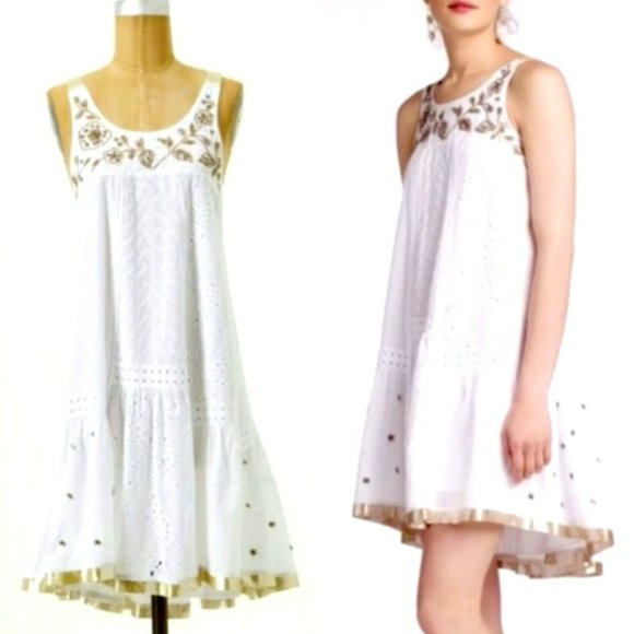 NWT Anthropologie Leifnotes Eyelet Embroidered Hand Beaded Assymetric Dress. 2 - Picture 1 of 11